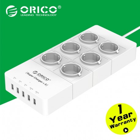 ORICO HPC-6A5U-EU Surge Protector Strip 6-Outlet with 5 USB SuperCharging Ports (2 x 2.4A & 3 x 1A)